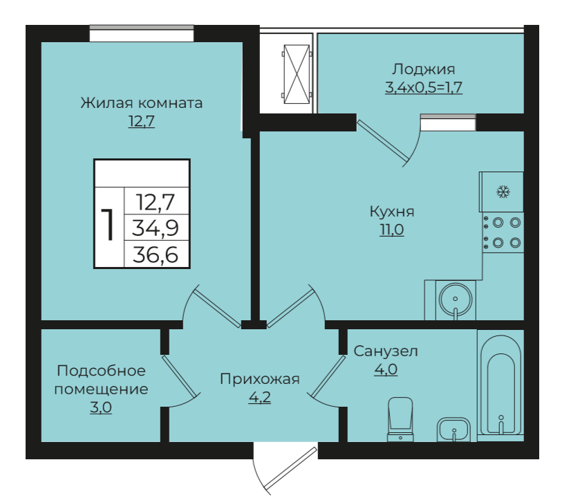 1-комнатная 36.6 м2