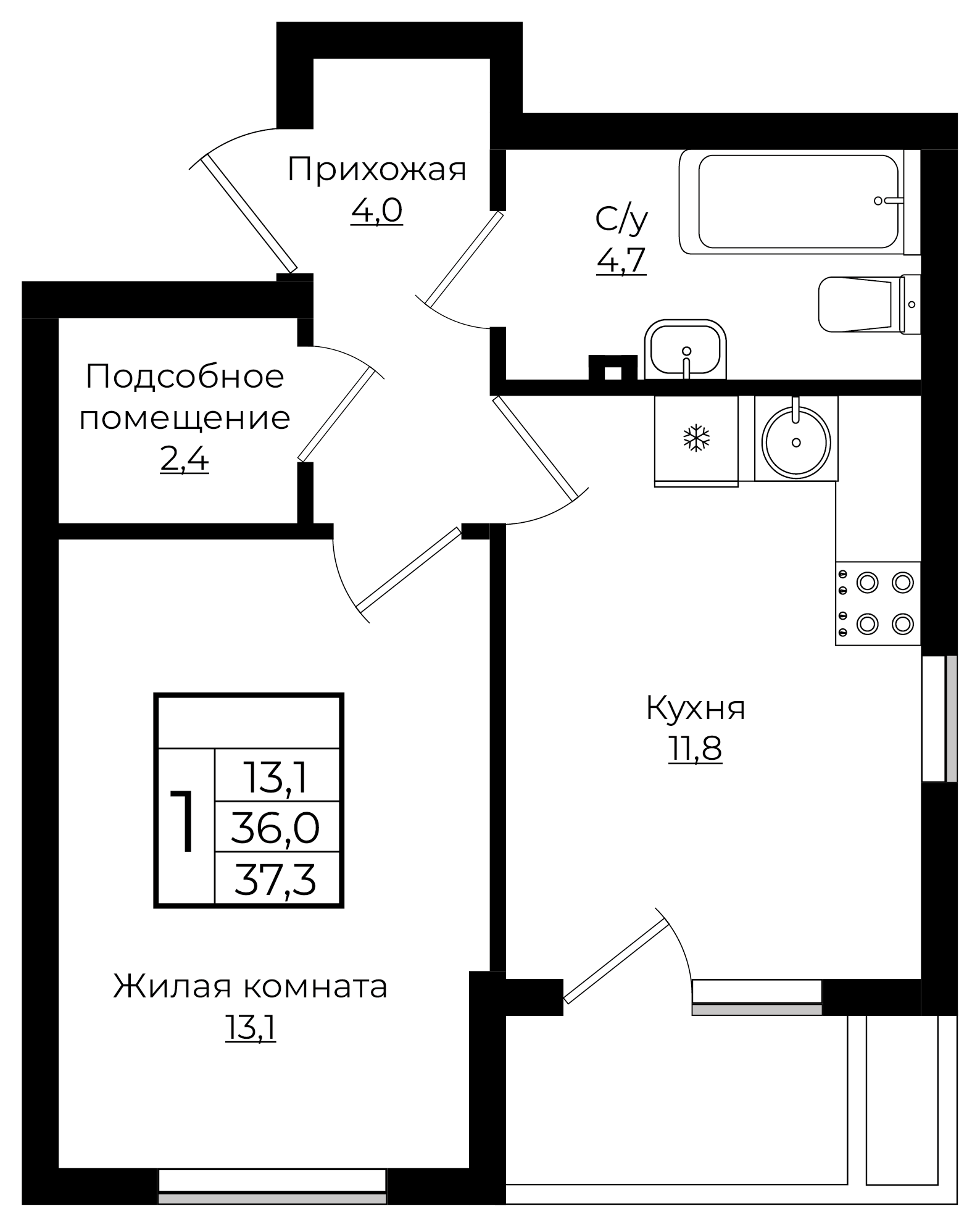  1-комнатная 37.5