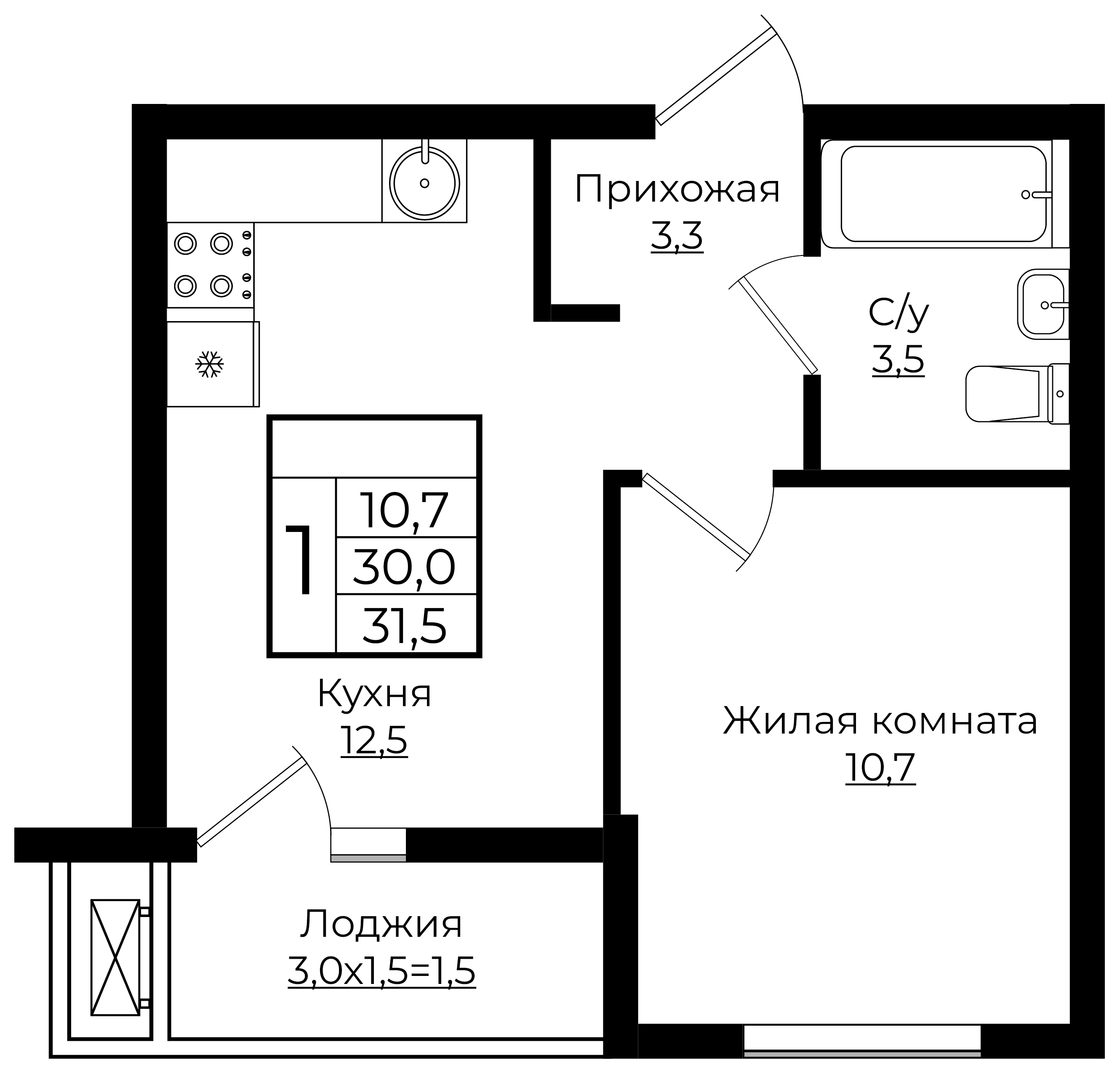 1-комнатная 31.5 м2