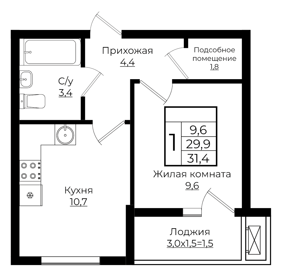 1-комнатная 31.4 м2