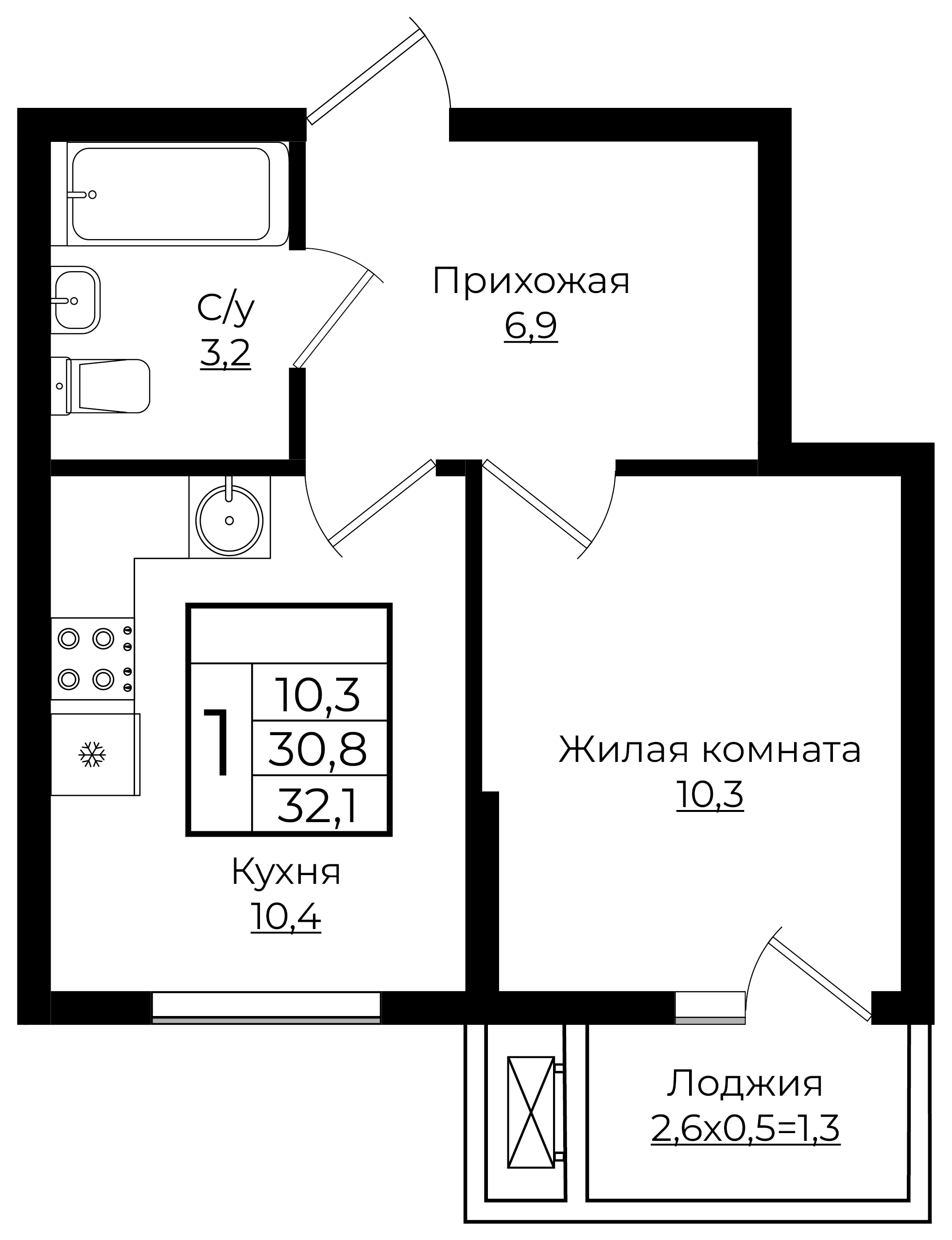 1-комнатная 32.1 м2