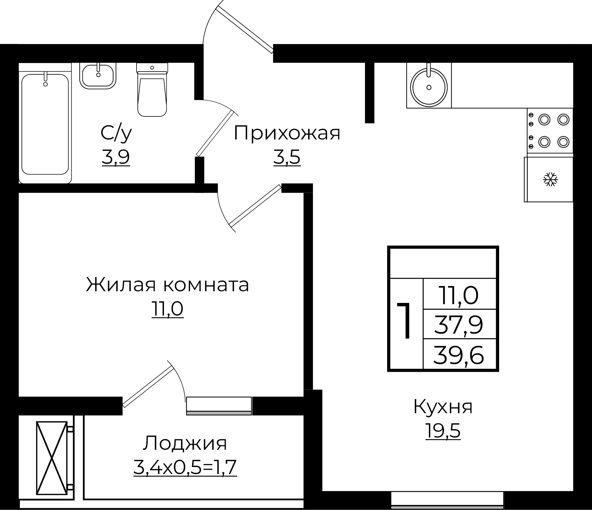 1-комнатная 39.6 м2