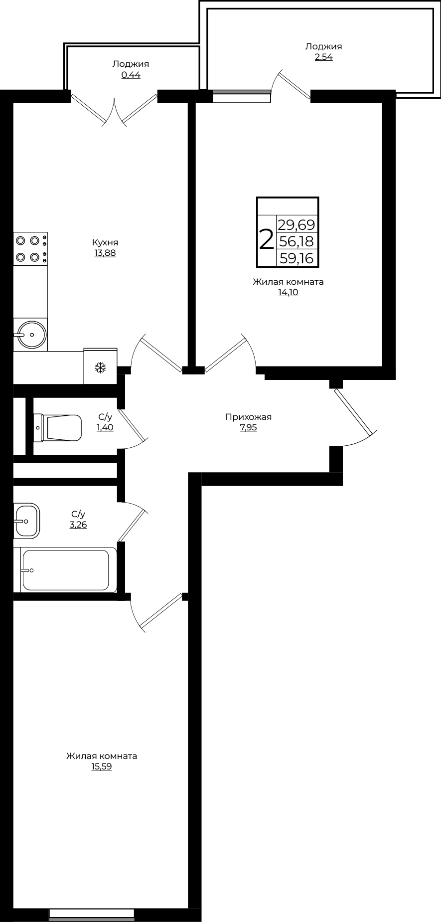 2-комнатная 59.16