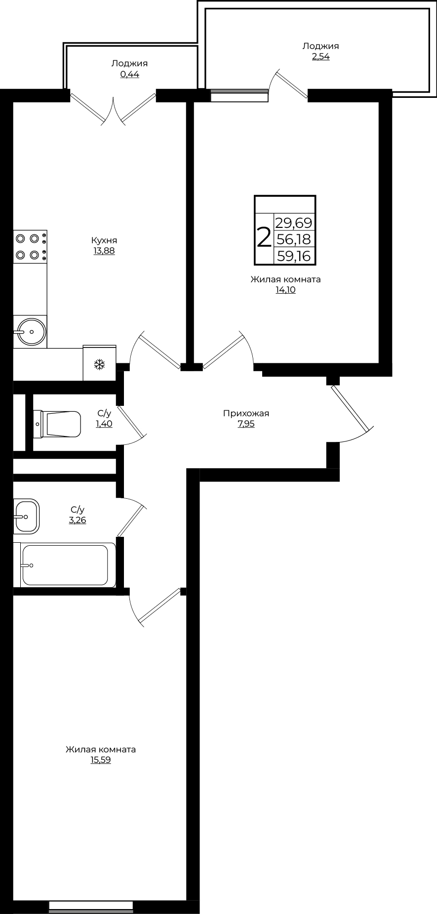 2-комнатная 59.16 м2
