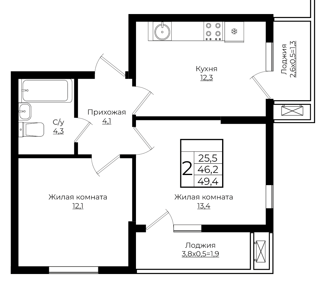 2-комнатная 49.4 м2