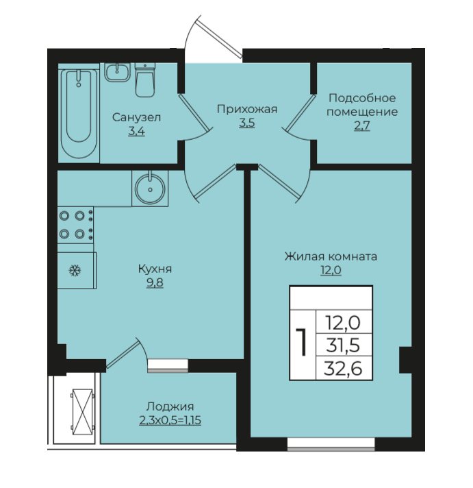 1-комнатная 32.6 м2