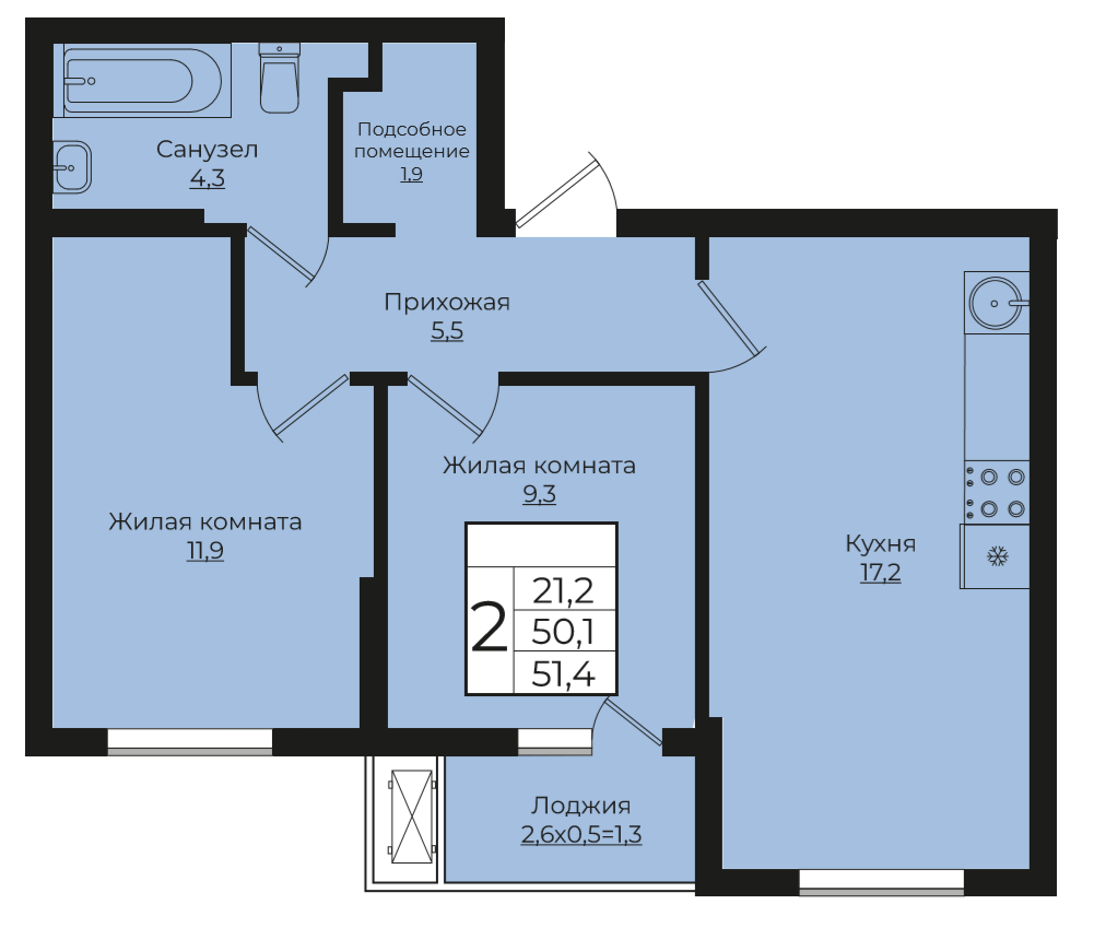 2-комнатная 51.4 м2