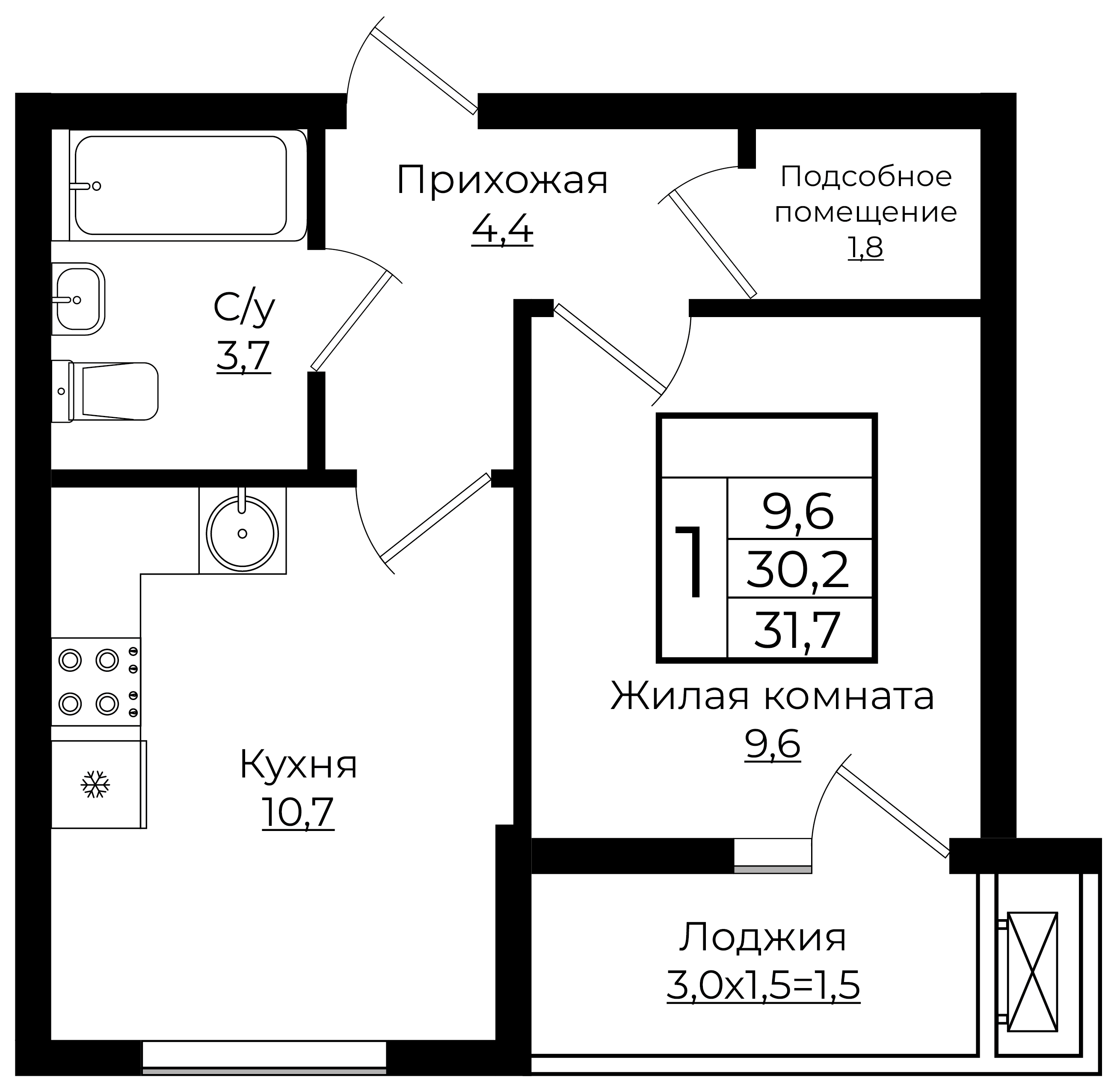 1-комнатная 31.7 м2