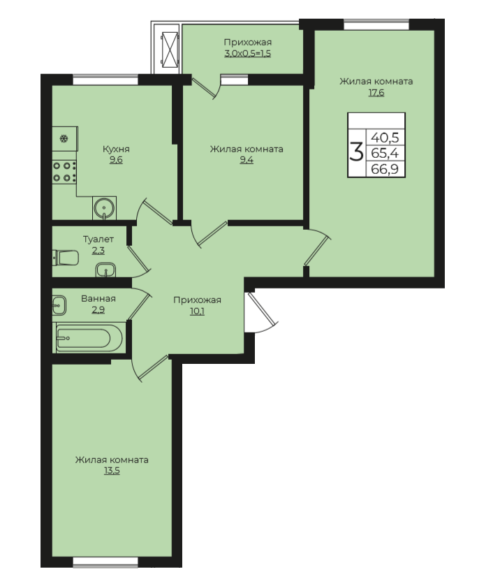 3-комнатная 66.9 м2