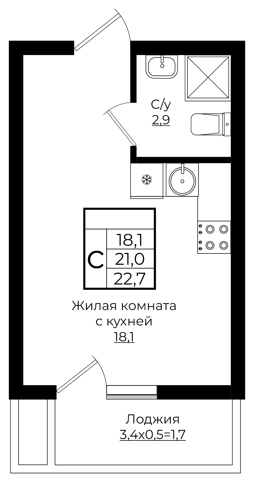 Студия 22.7 м2