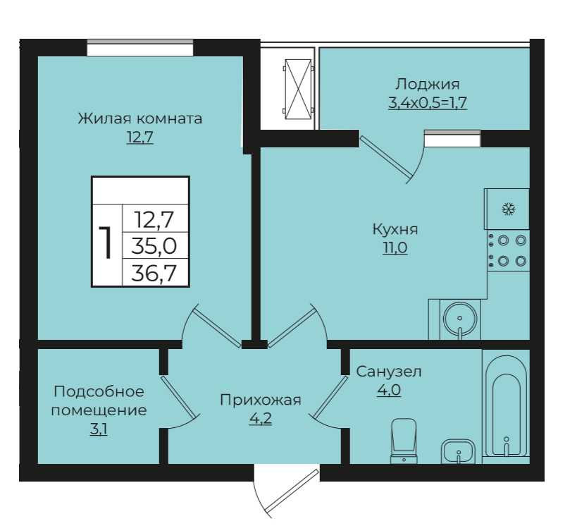 1-комнатная 36.7 м2