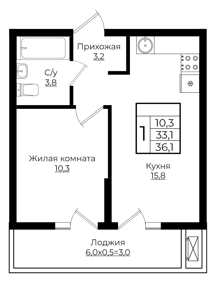1-комнатная 36.1 м2