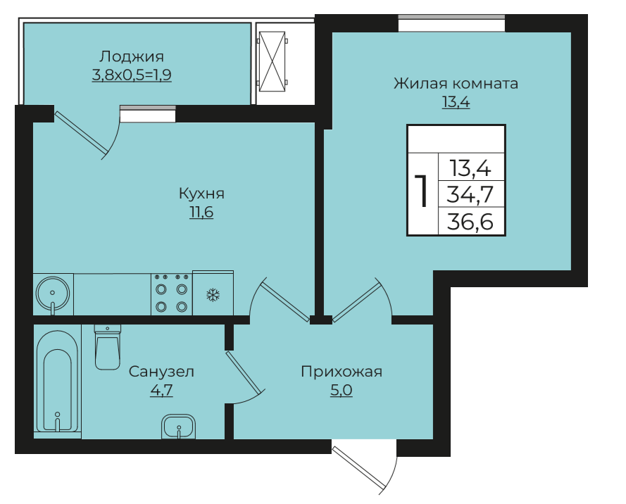  1-комнатная 36.6