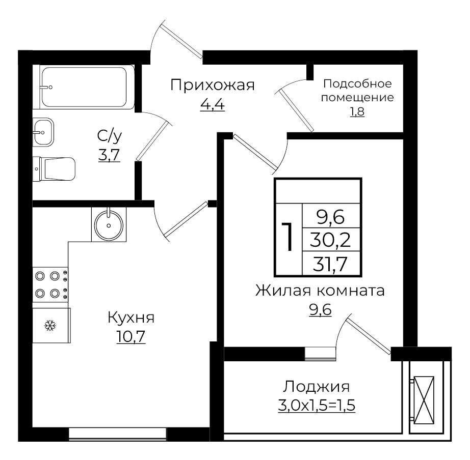 1-комнатная 31.7 м2
