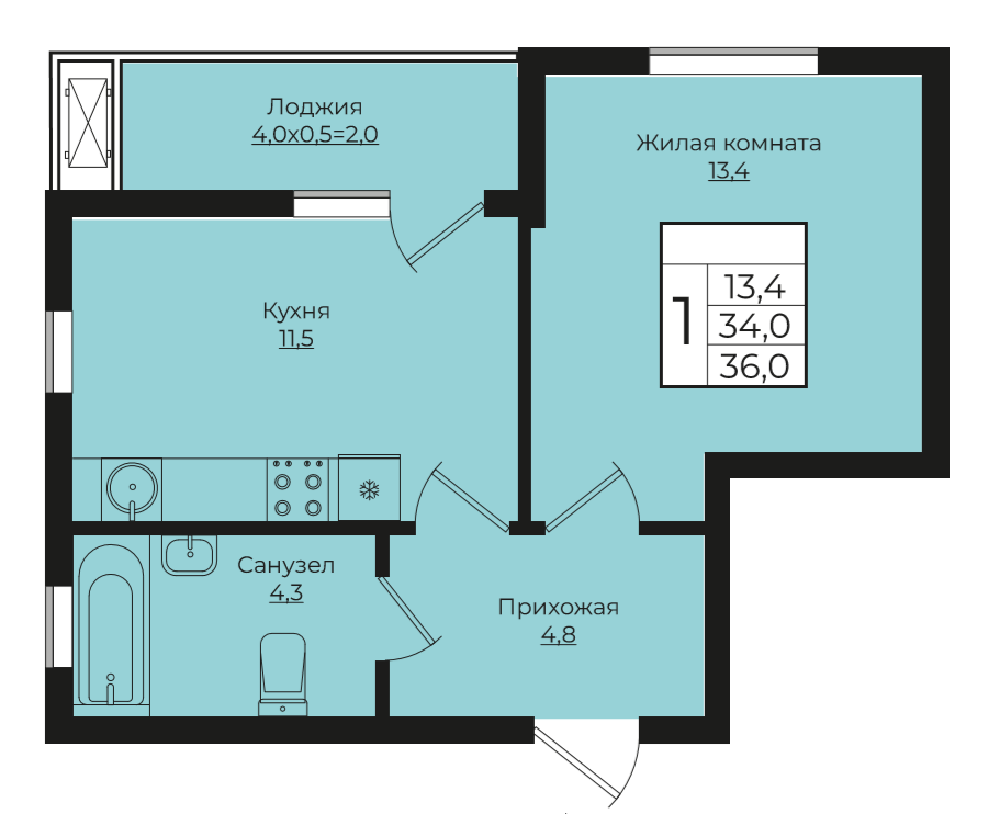 1-комнатная 36 м2