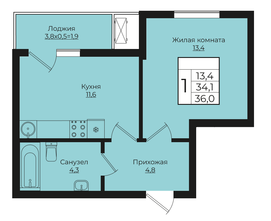 1-комнатная 36 м2