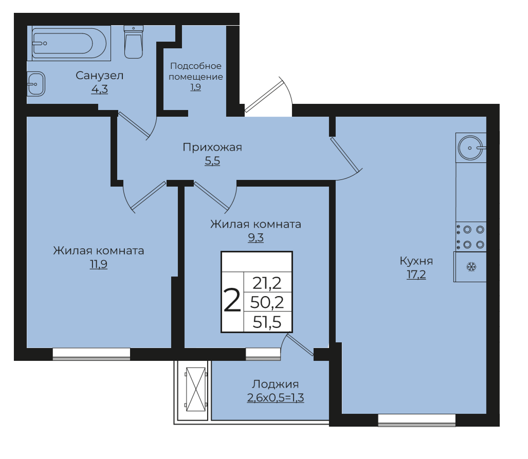 2-комнатная 51.5