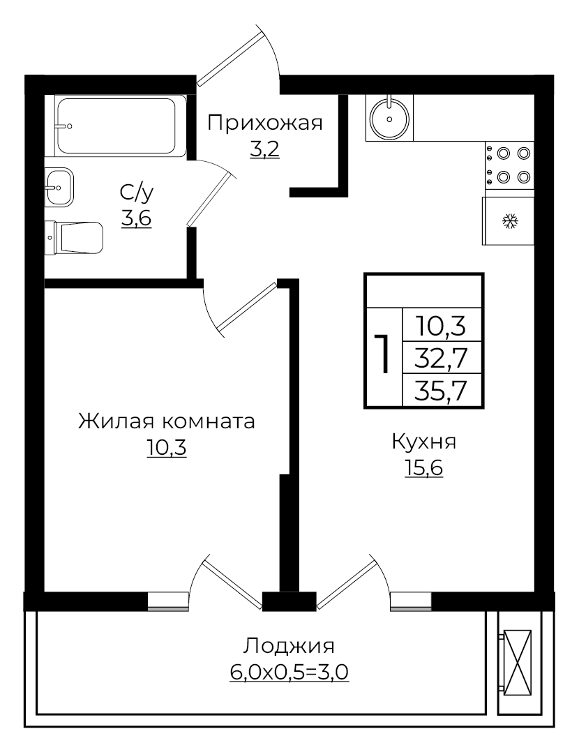 1-комнатная 35.7 м2