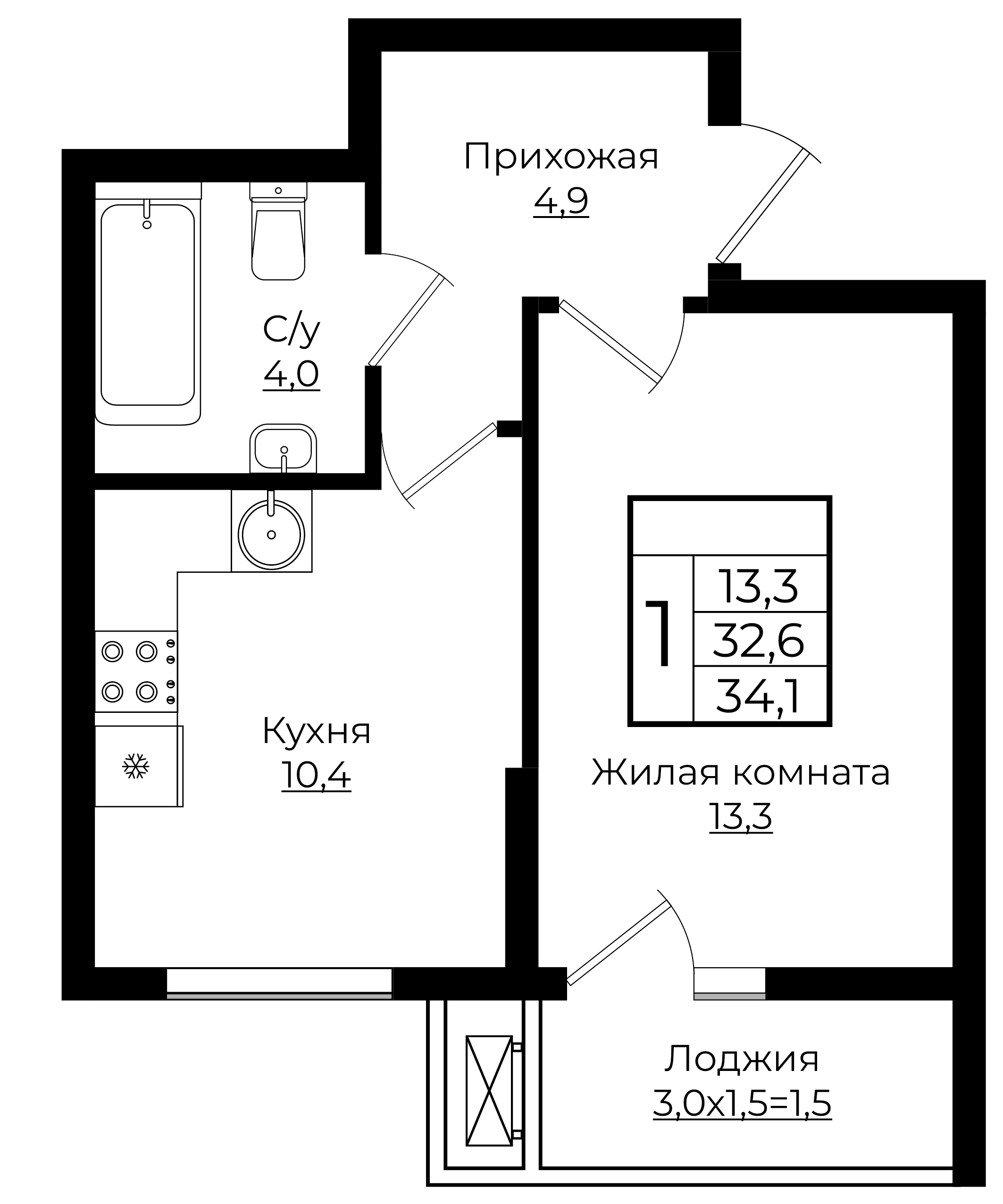 1-комнатная 34.1 м2