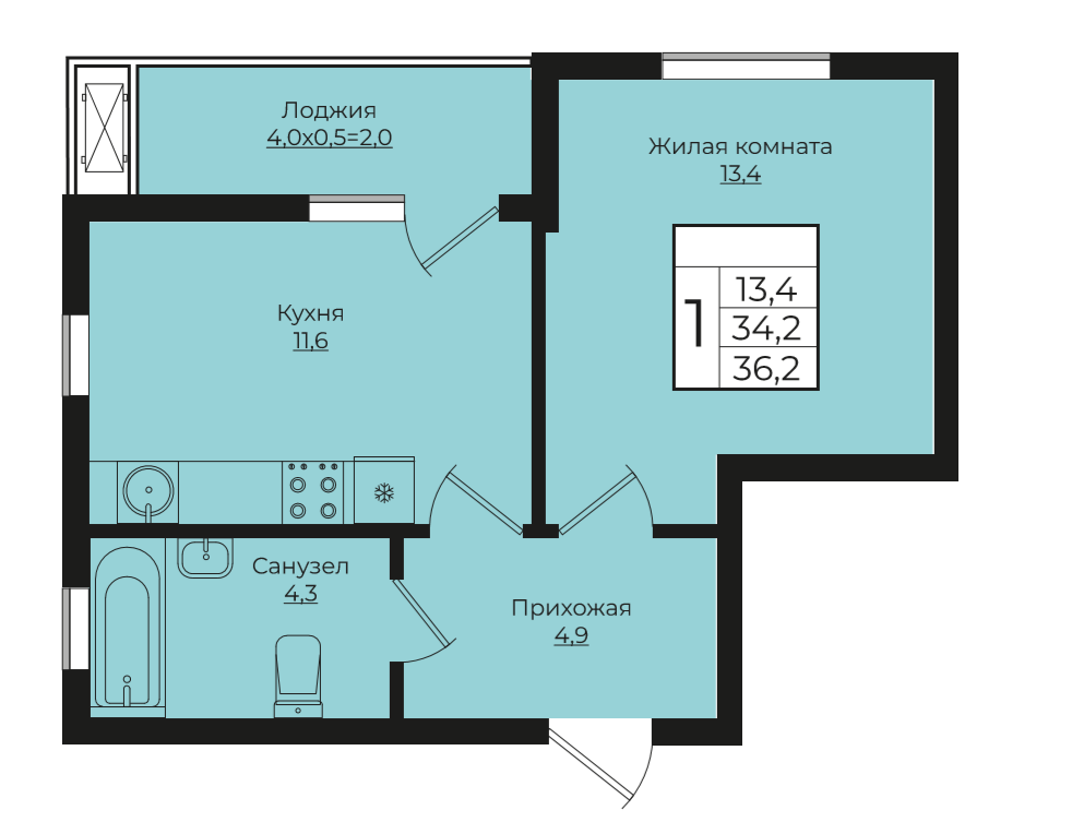 1-комнатная 36.2 м2
