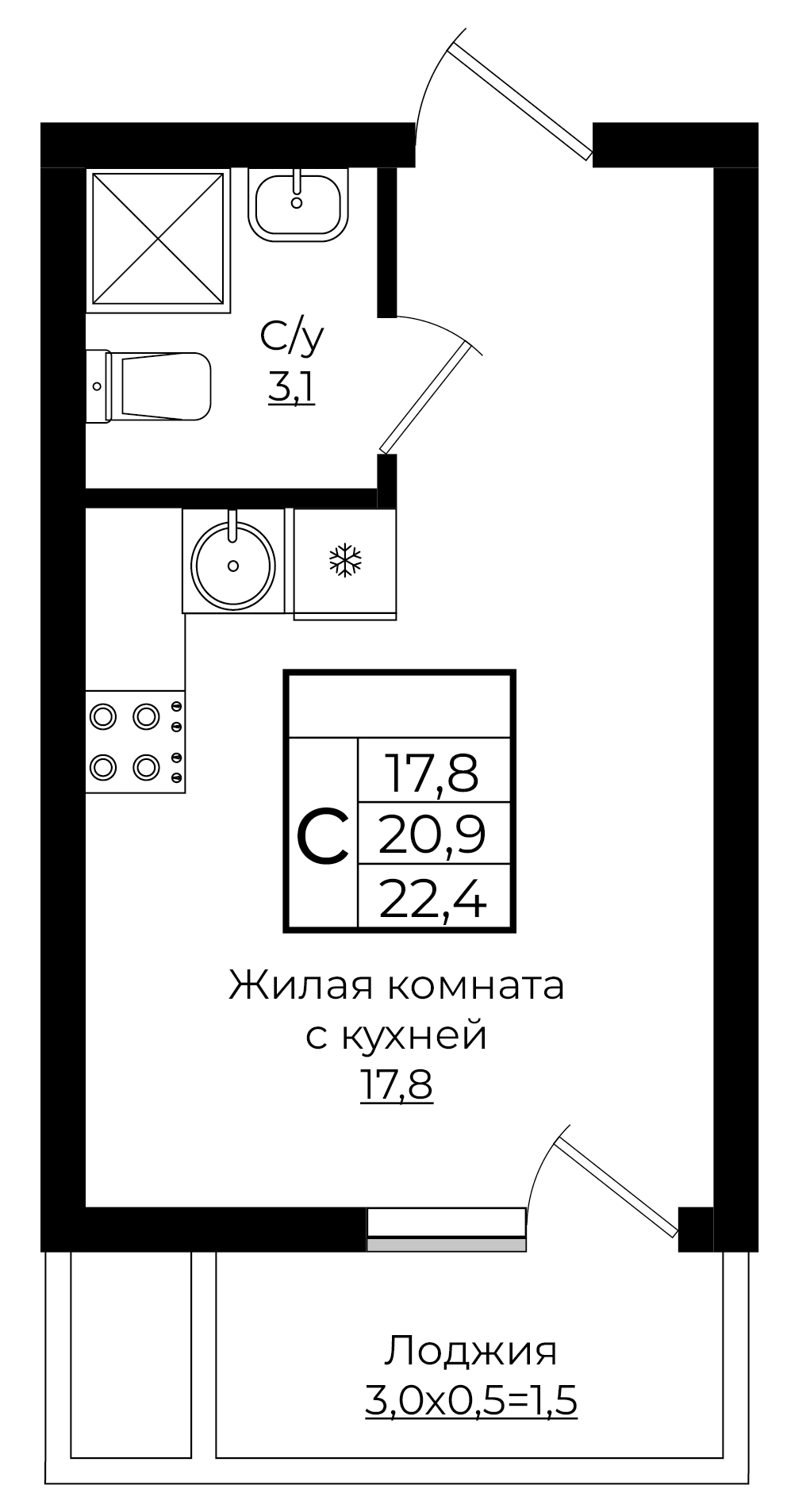 Студия 22.4 м2