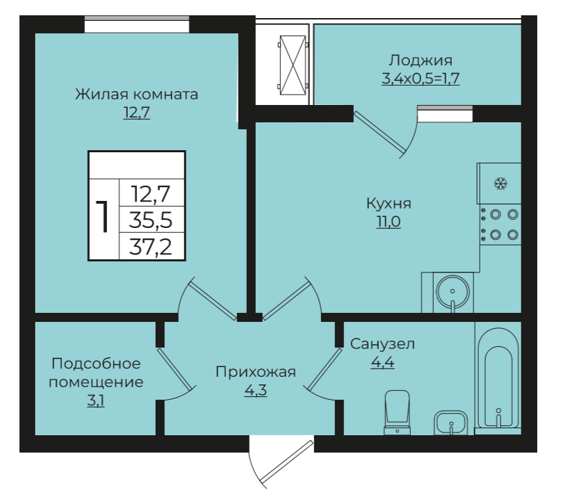 1-комнатная 37.2 м2