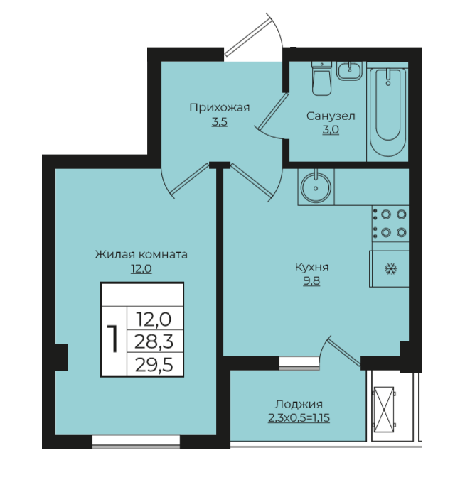 1-комнатная 29.4 м2
