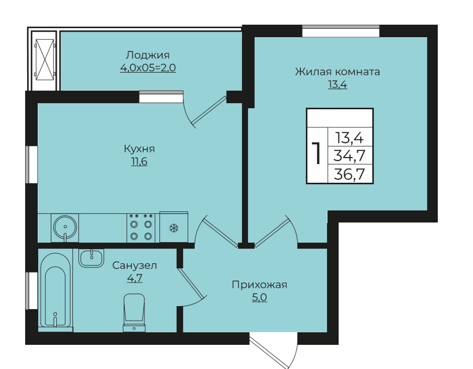 1-комнатная 36.7 м2