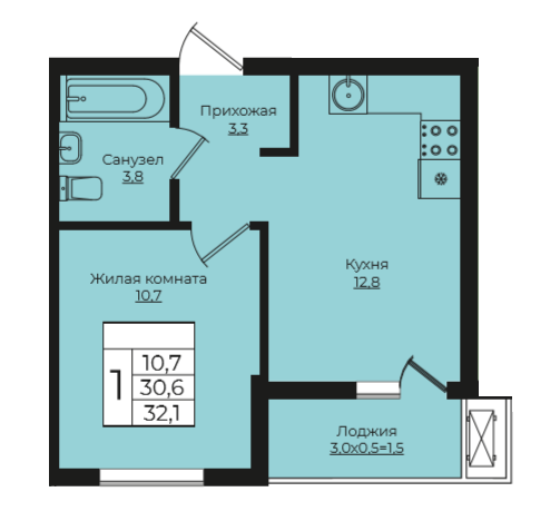 1-комнатная 32.1 м2