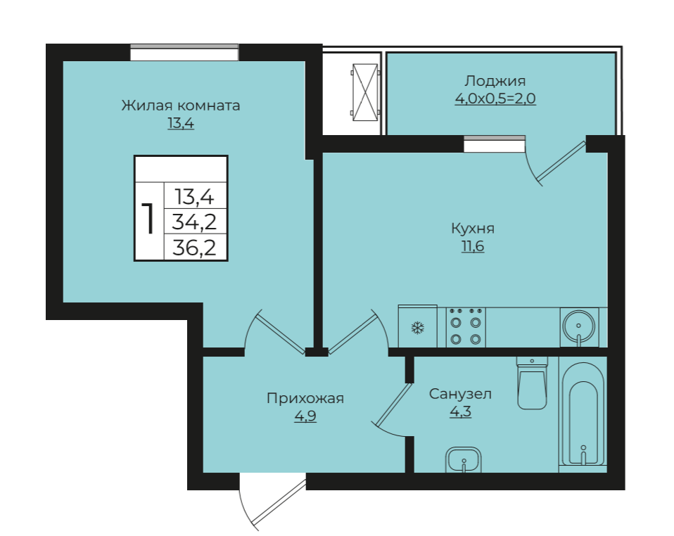 1-комнатная 36.2 м2