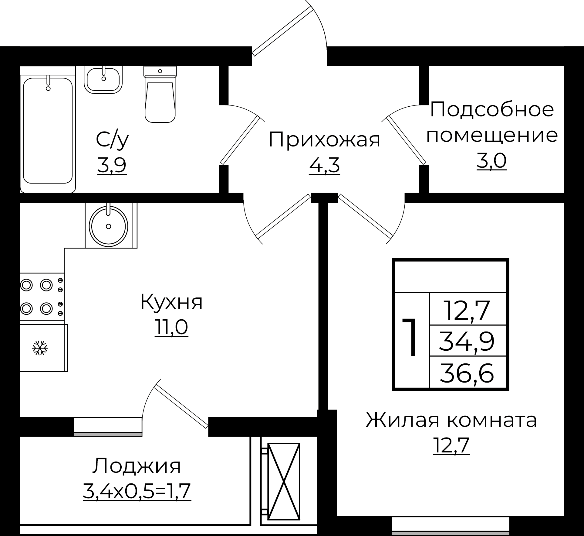 1-комнатная 36.6 м2