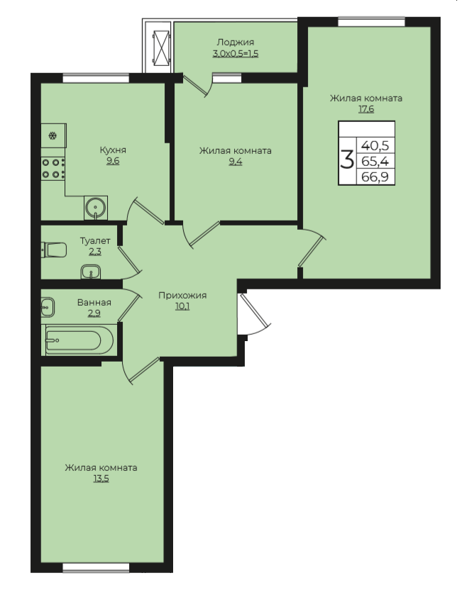 3-комнатная 66.9