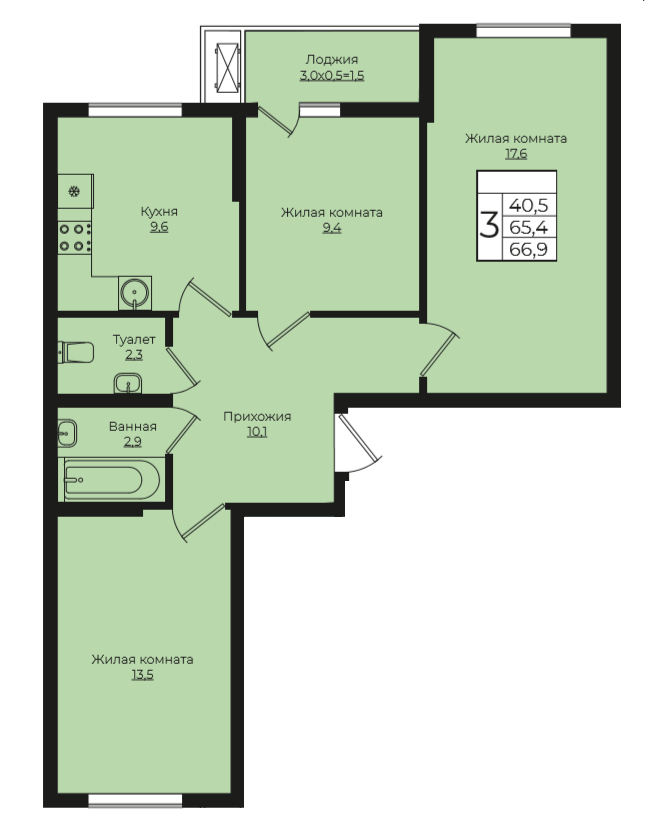 3-комнатная 66.9 м2