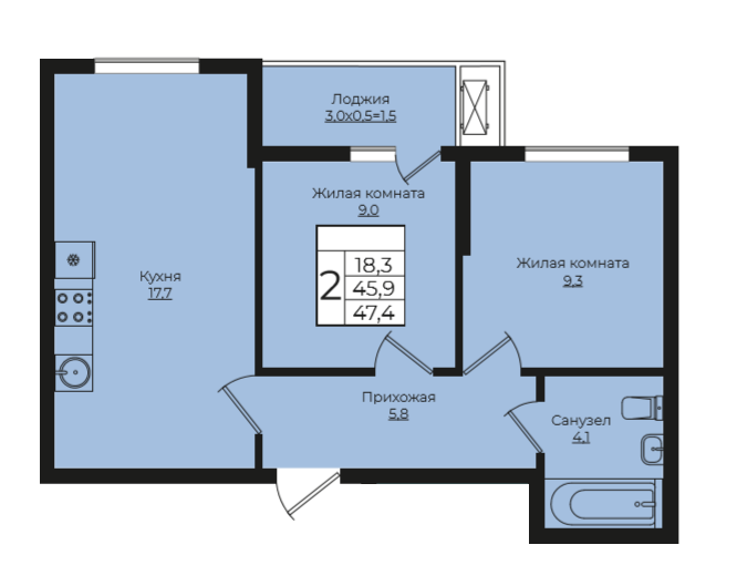 2-комнатная 47.4 м2