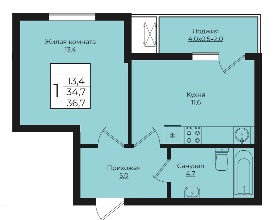 1-комнатная 36.7 м2