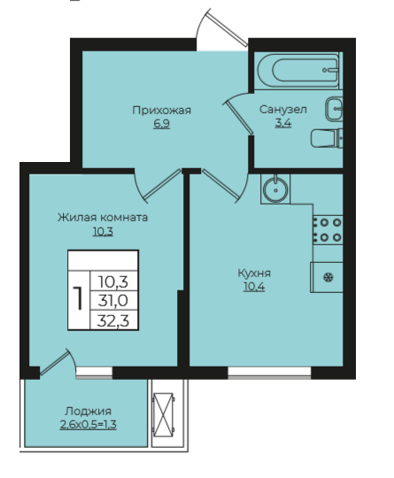 1-комнатная 32.3