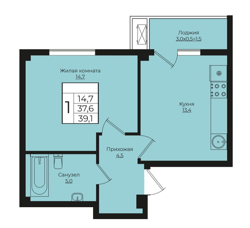 1-комнатная 39.1 м2