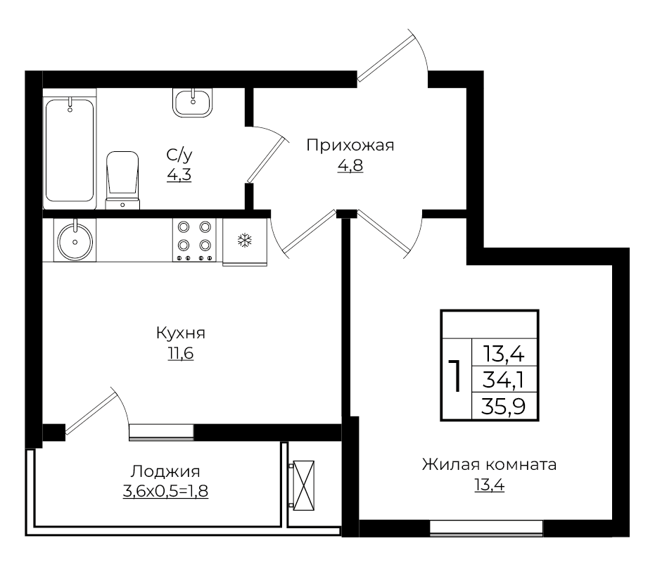 1-комнатная 35.9 м2