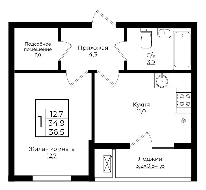 1-комнатная 36.5 м2