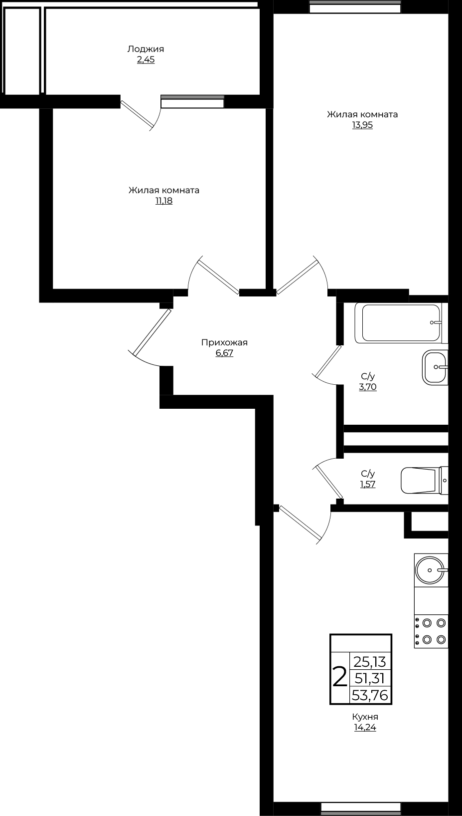2-комнатная 53.76