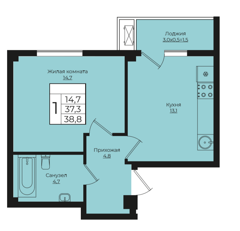 1-комнатная 38.8 м2
