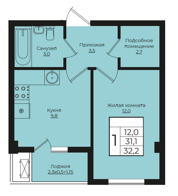 1-комнатная 32.2 м2
