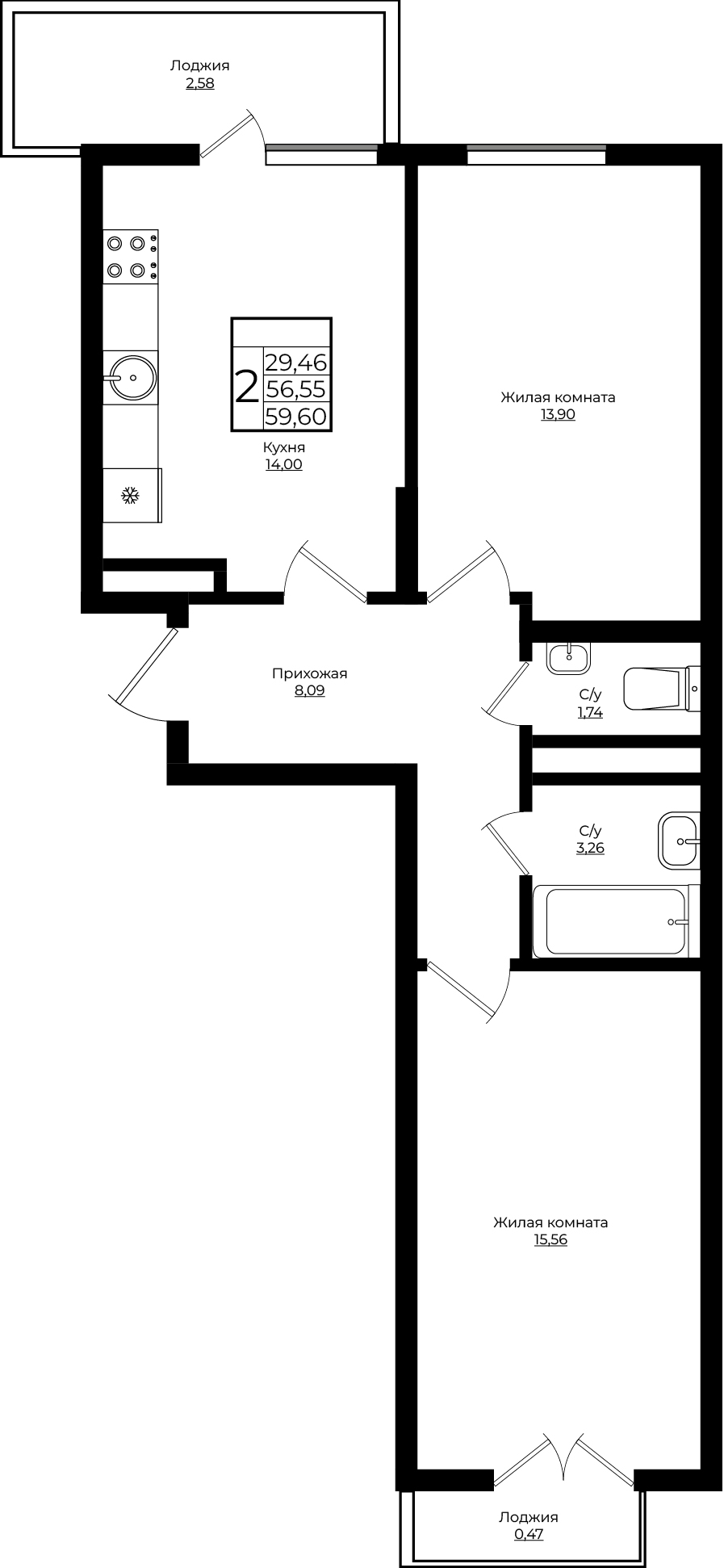 2-комнатная 59.6